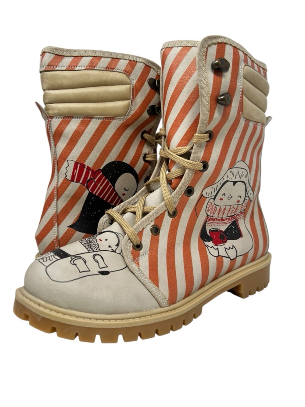 Goby Striped Orange & Cream Lace-Up Combat Boots with Playful Penguin Art